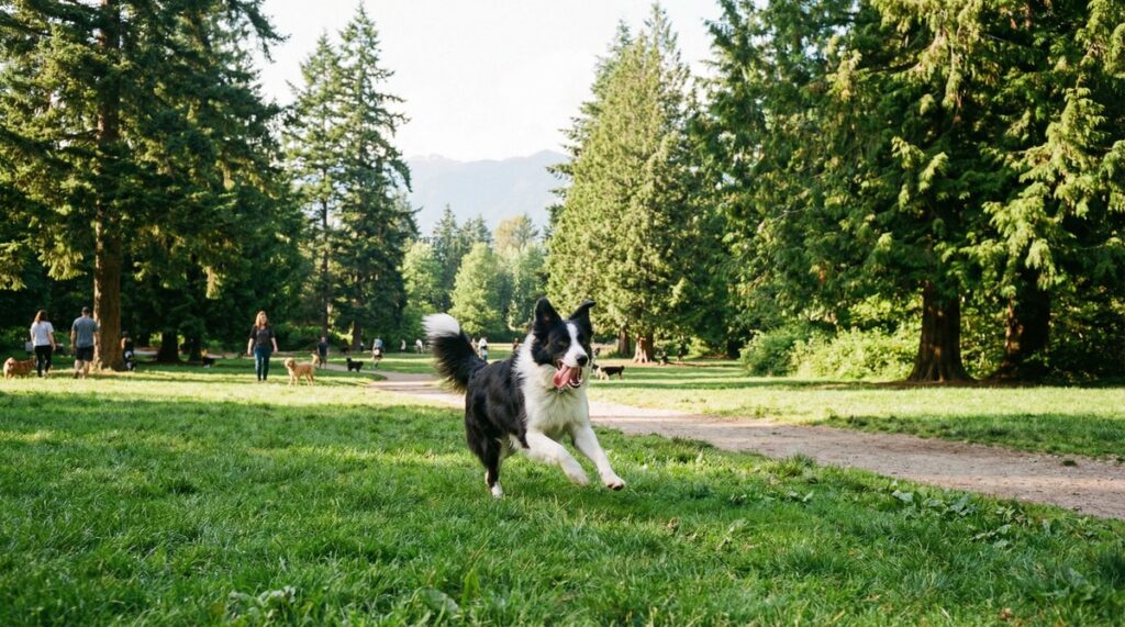 Border collie running in a lush green dog park in South Vancouver