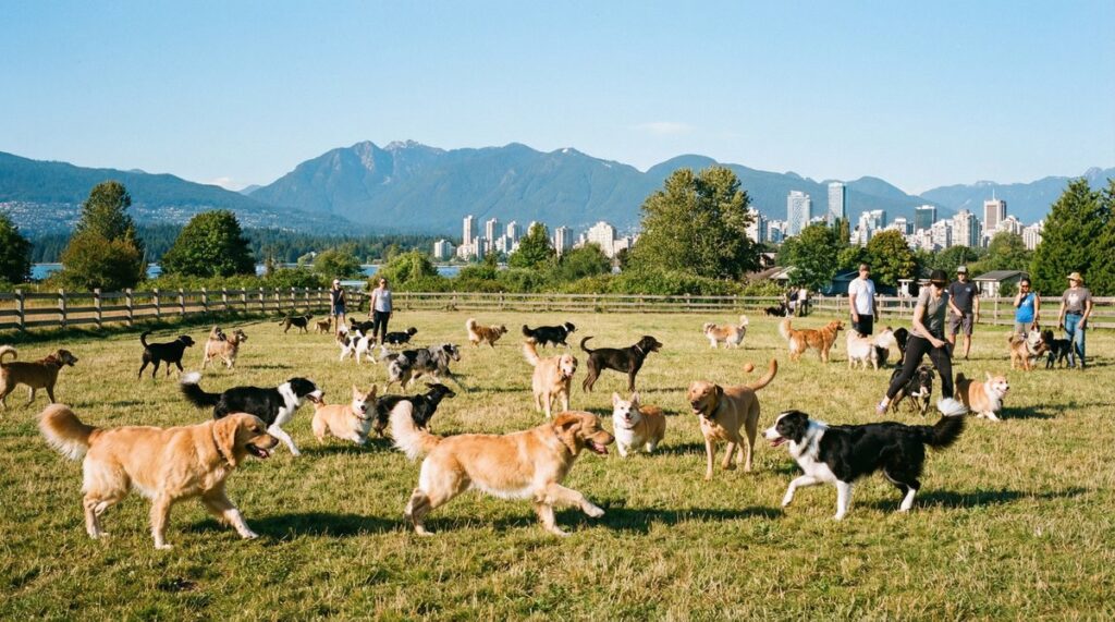 Dogs playing off-leash at a Vancouver dog park with mountain views