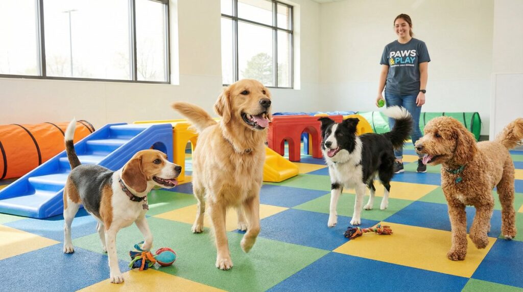 Happy dogs playing together in a professional Vancouver dog daycare facility