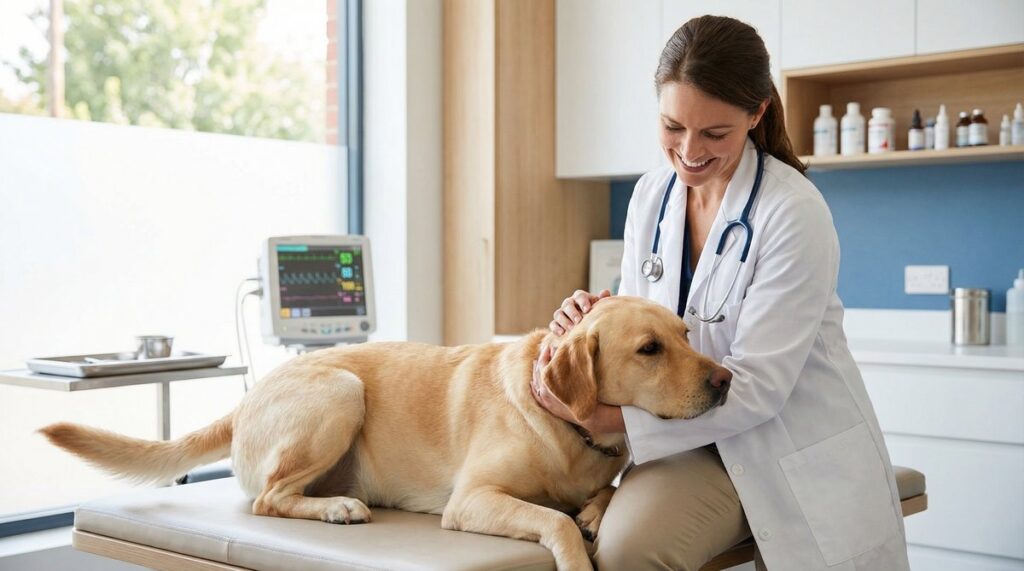 Veterinarian examining a Labrador retriever in a Vancouver vet clinic