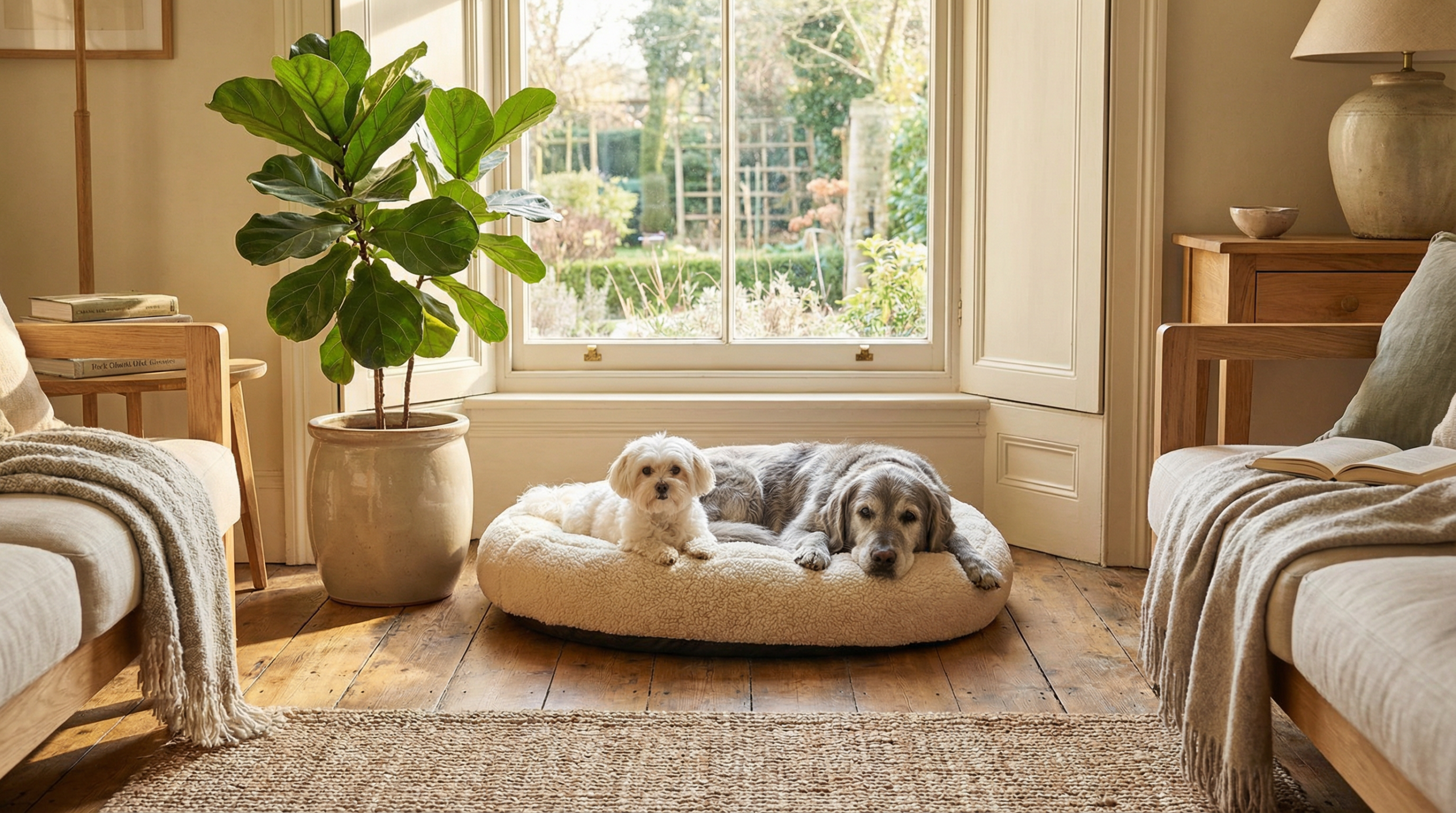 Small and senior dogs relaxing comfortably in a cozy home boarding environment