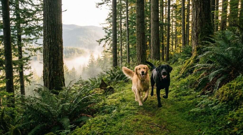 Two happy dogs running on a lush forest trail near Vancouver BC with mountains in the background