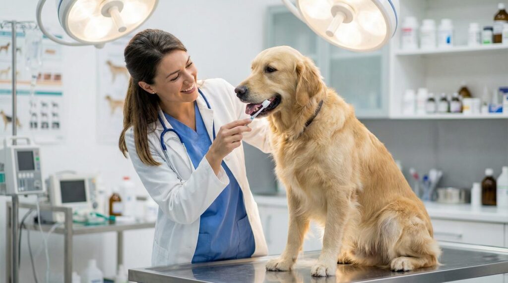 Veterinarian gently brushing a golden retriever's teeth in a clean veterinary clinic