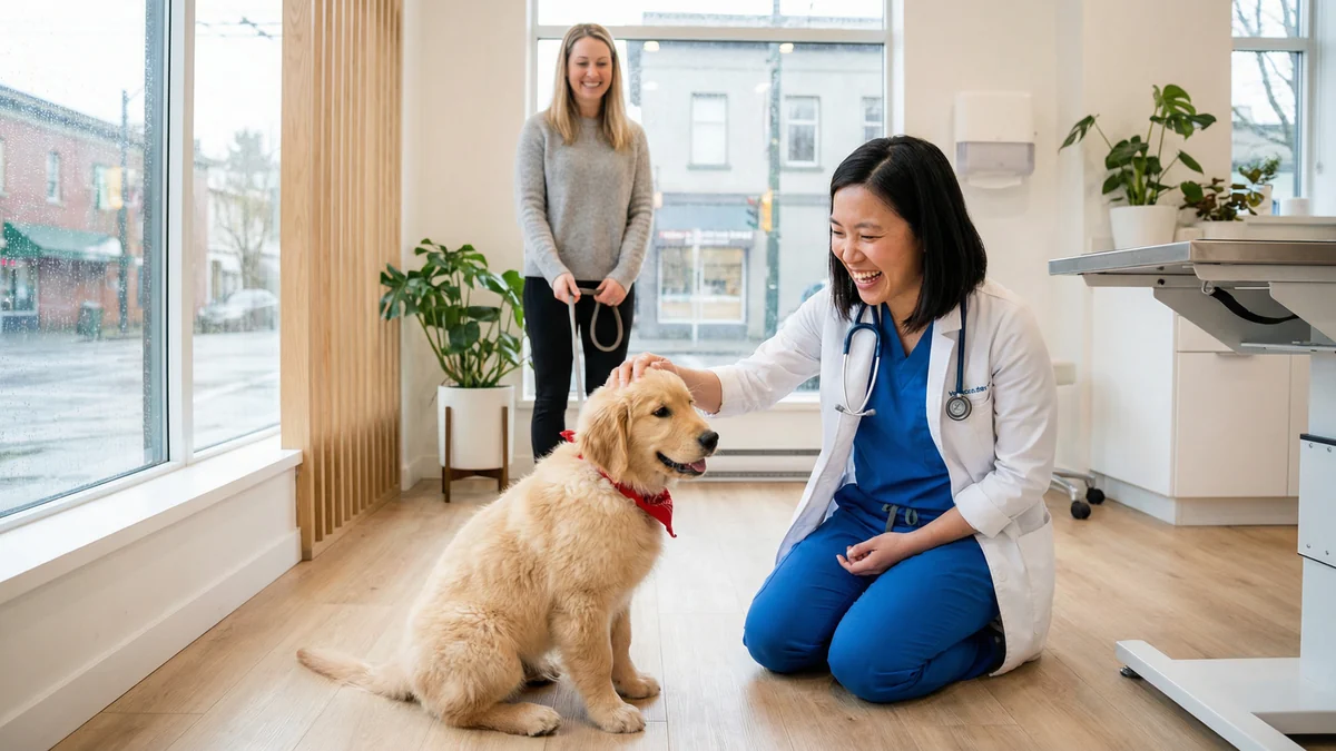 Veterinarian greets a golden retriever at floor level while its owner watches in a bright clinic.