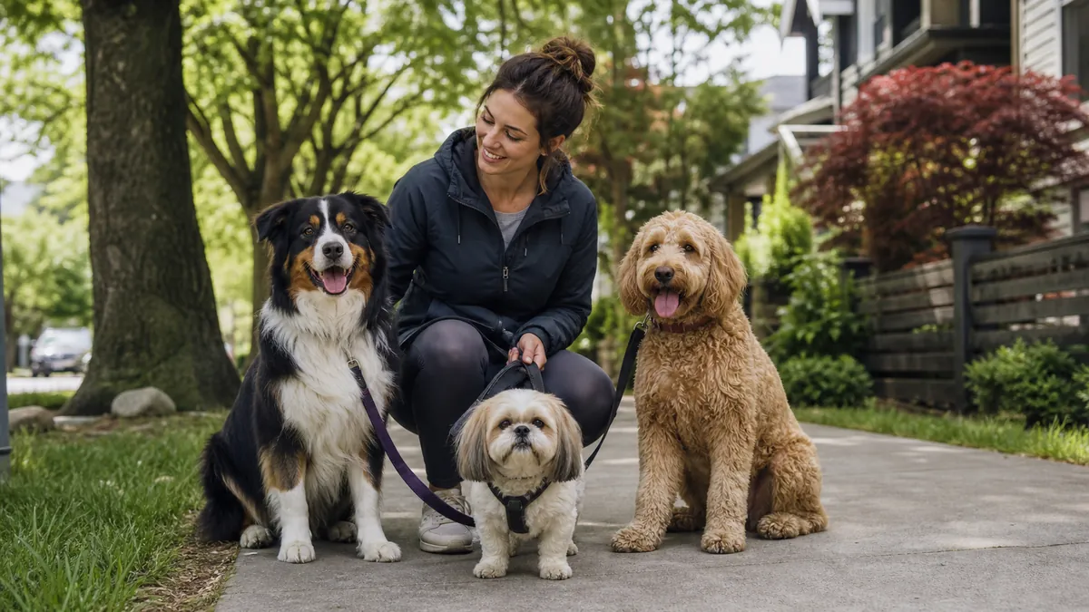 Caregiver kneels with three dogs on a leafy neighbourhood sidewalk.