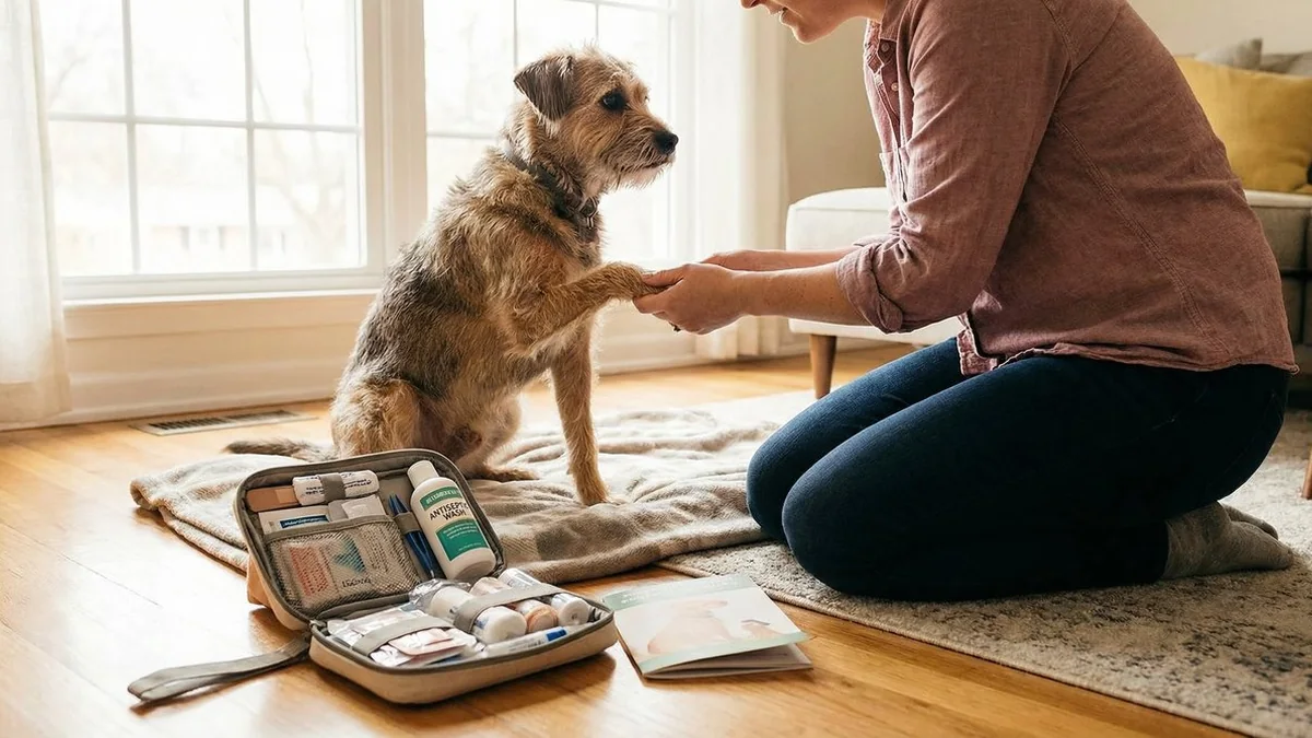 Owner gently checks a dog’s paw beside an open pet first-aid kit at home.