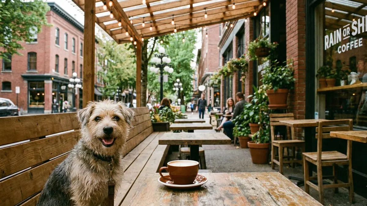 Terrier sits beside a coffee cup on a covered outdoor café patio.