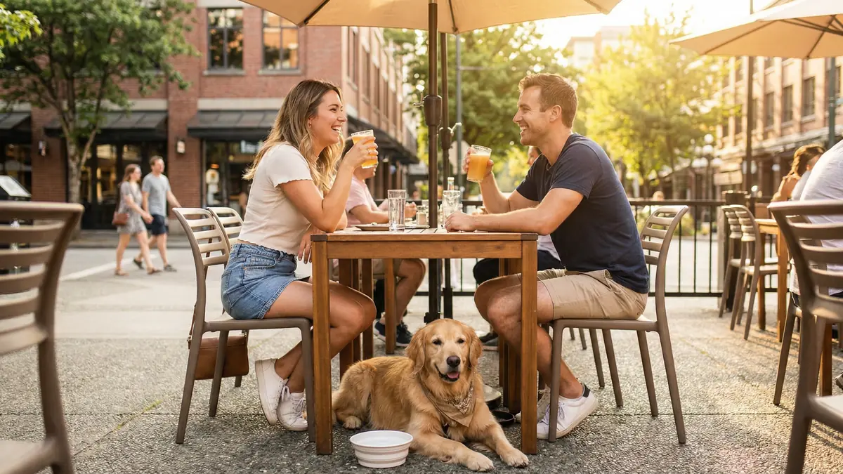 Dog rests beside a water bowl under a café patio table while its owners enjoy drinks.