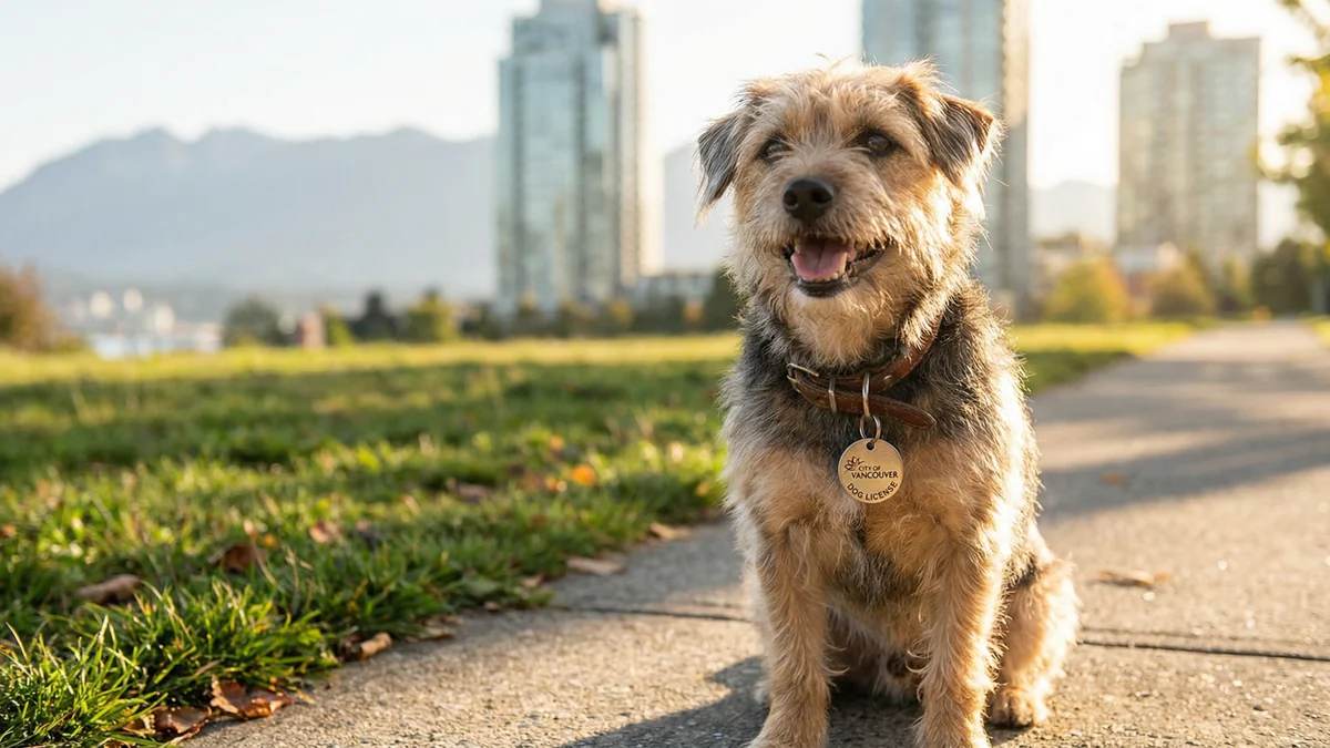 Small terrier wearing an identification tag sits on a path with Vancouver buildings and mountains behind.