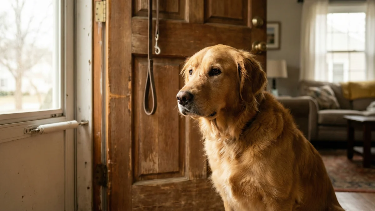 Golden retriever waits beside the front door in a quiet home.