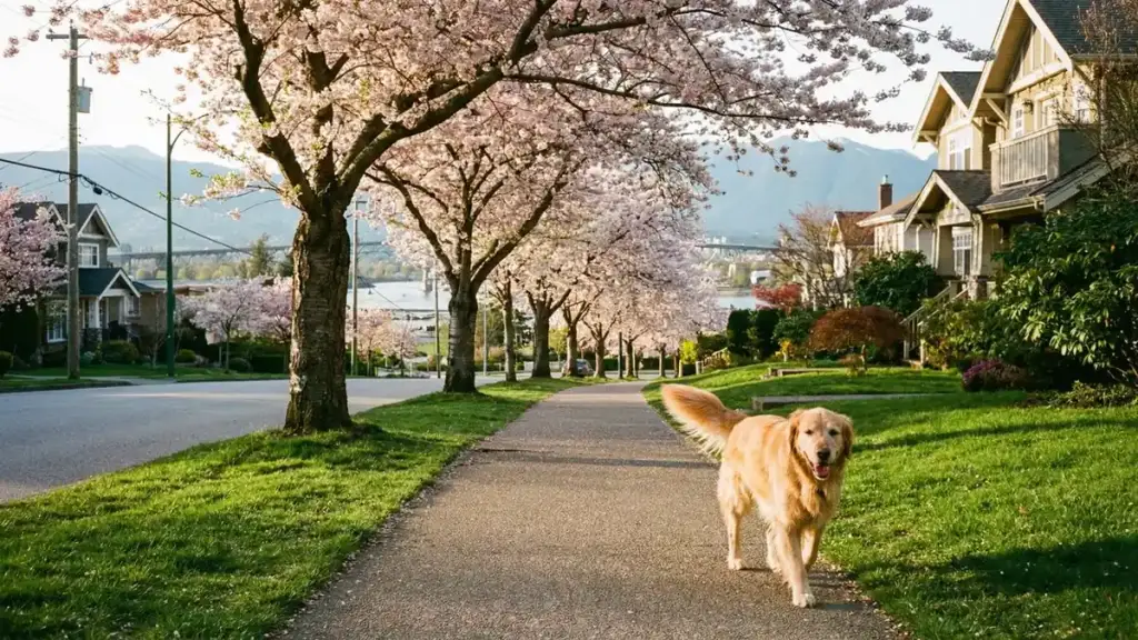 Golden retriever walks along a neighbourhood path beneath pink cherry blossoms.