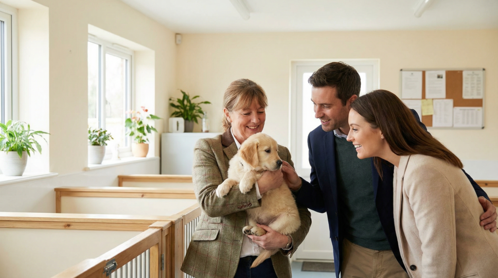 A reputable dog breeder holding a healthy puppy while a couple looks on with interest in a clean, bright kennel setting.