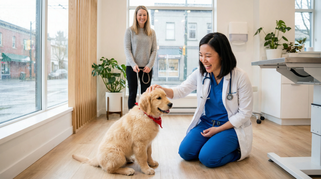 A friendly veterinarian greeting a golden retriever puppy in a modern Vancouver veterinary clinic while the owner smiles.