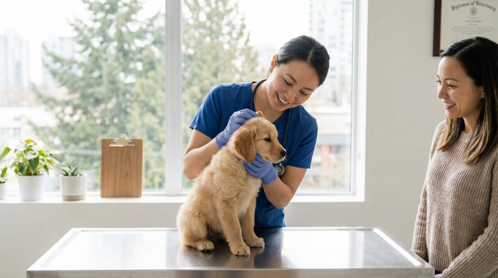 A veterinarian performing a gentle examination on a golden retriever puppy on an exam table in a Vancouver clinic while the owner watches.