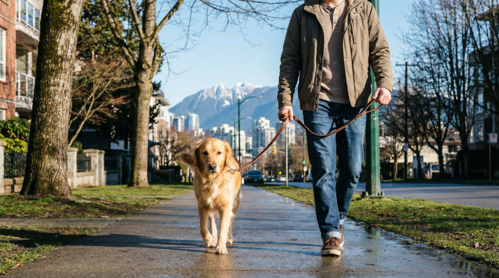 A person walking a well-behaved dog on a leash along a Vancouver sidewalk with snow-capped mountains in the background.