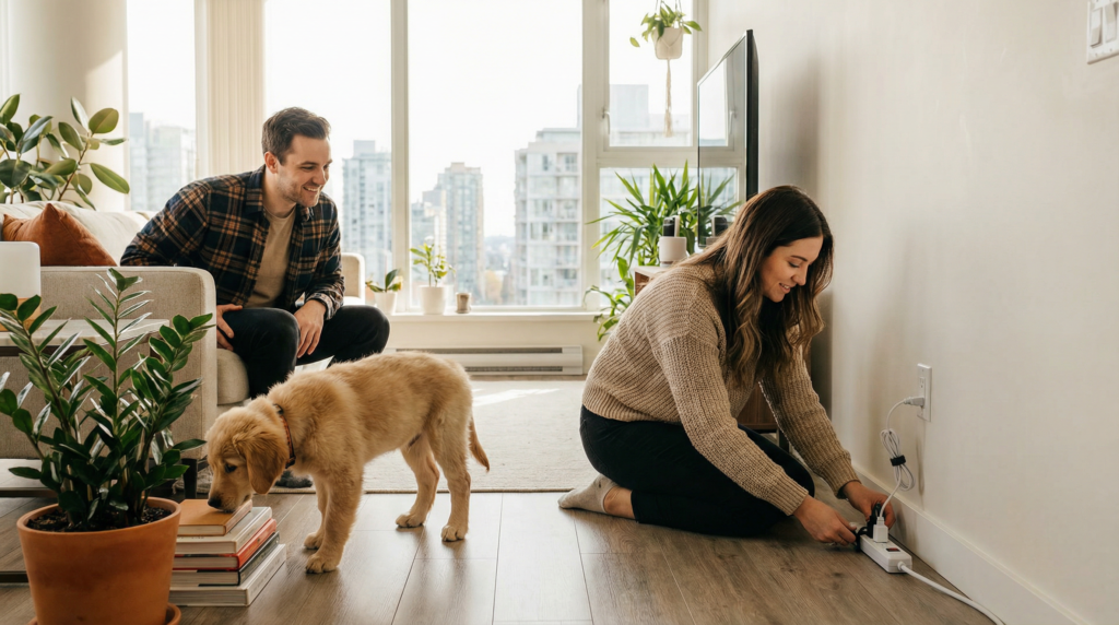 A couple puppy-proofing their Vancouver apartment while a golden retriever puppy explores the living room.