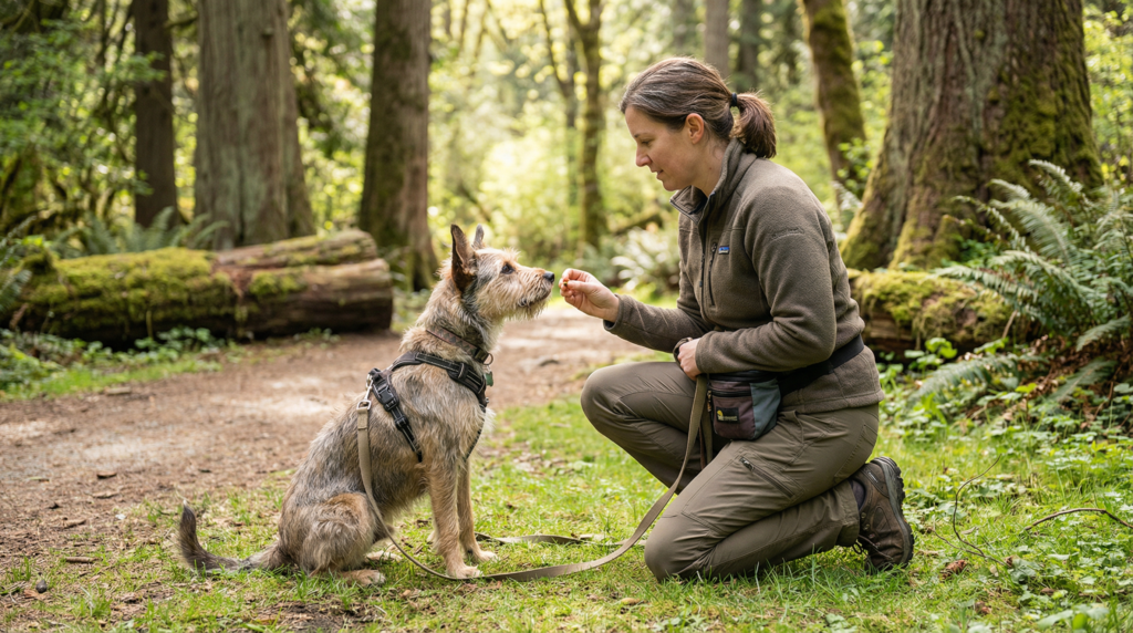 A dog trainer working compassionately with a reactive dog on a leash in a Vancouver park using positive reinforcement with treats.