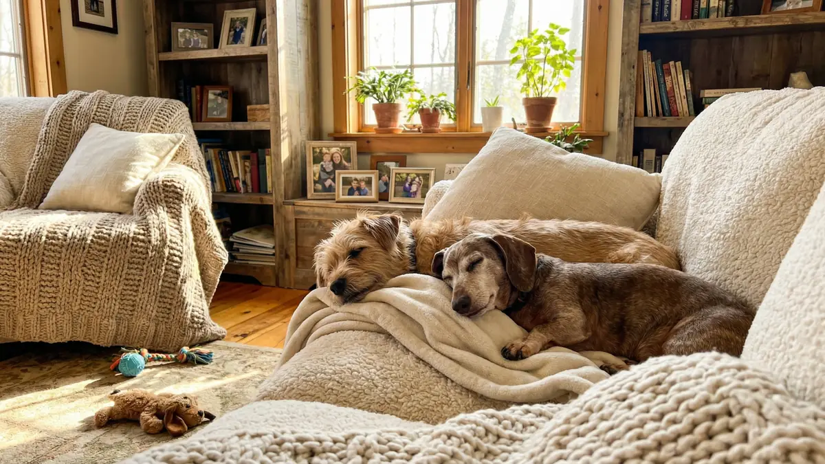 Two dogs relax together on a blanket-covered sofa in a comfortable home.