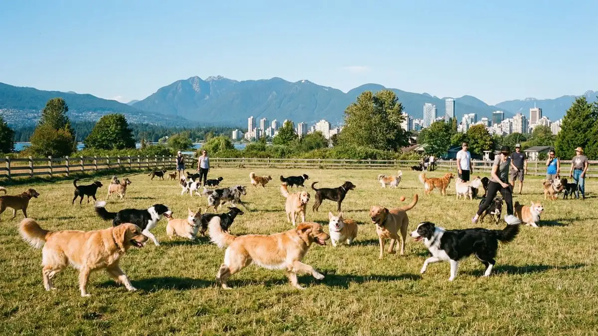 Dogs run and play in a grassy off-leash park with people, mountains and city buildings in the distance.