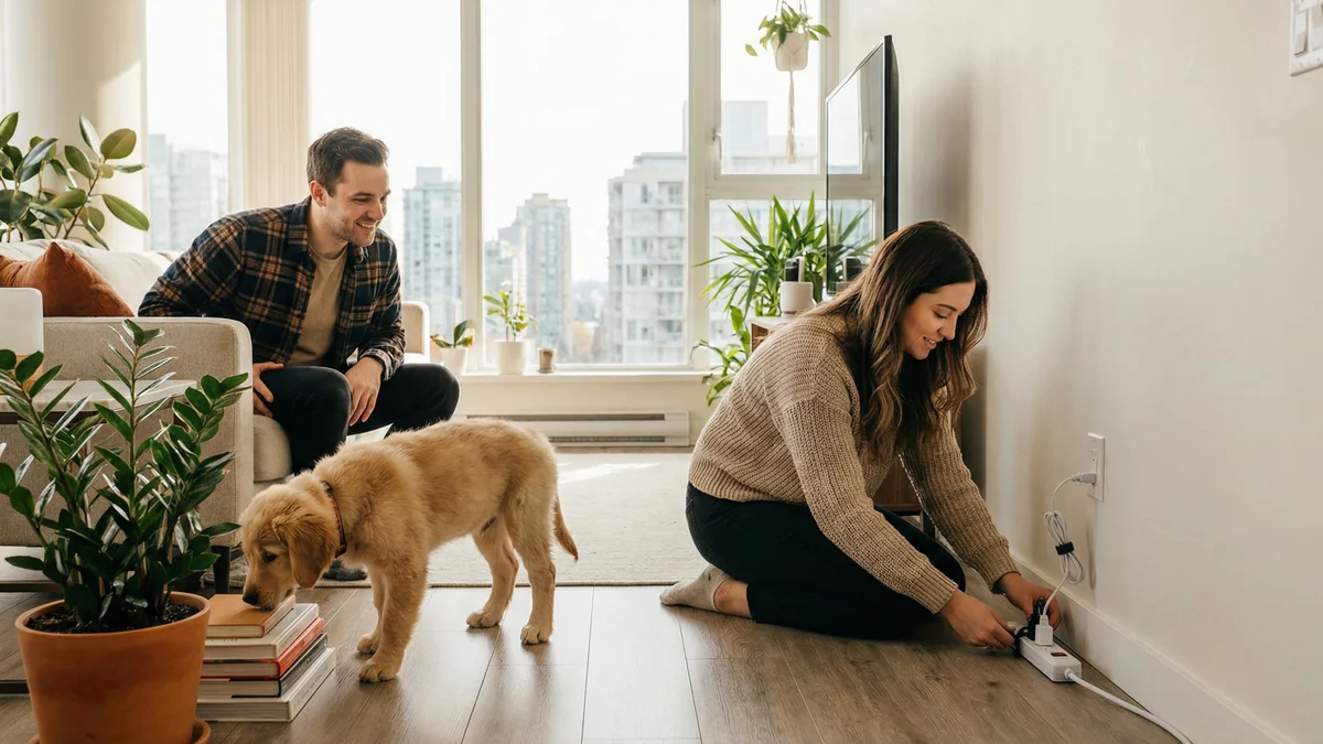 Owners prepare a bright apartment for their new dog by securing a wall outlet and checking the room.