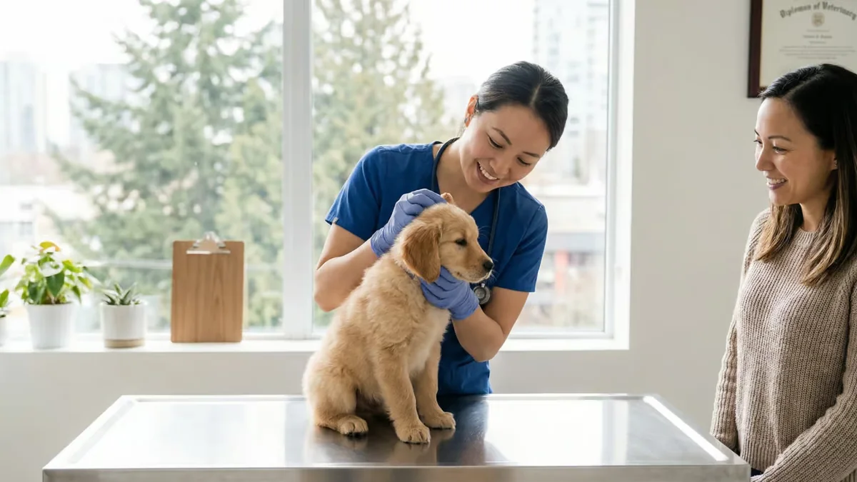 Veterinarian gently examines a golden retriever puppy on an exam table while its owner watches.