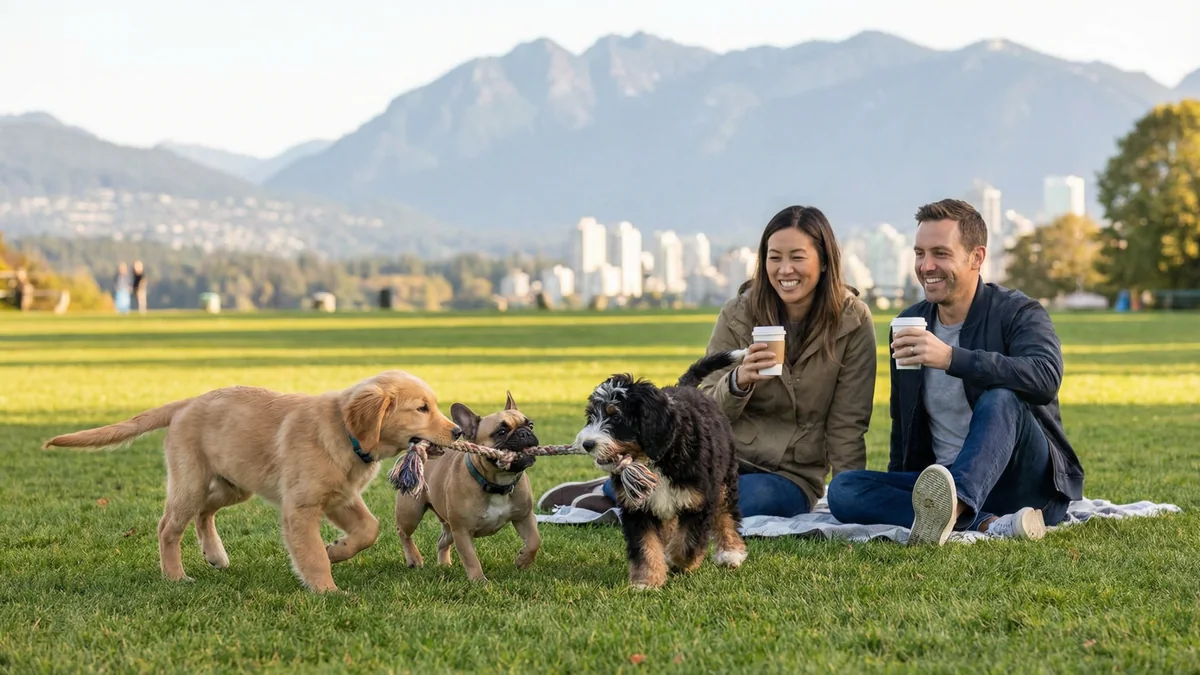 People sit with young dogs on a grassy field with Vancouver buildings and mountains in the background.