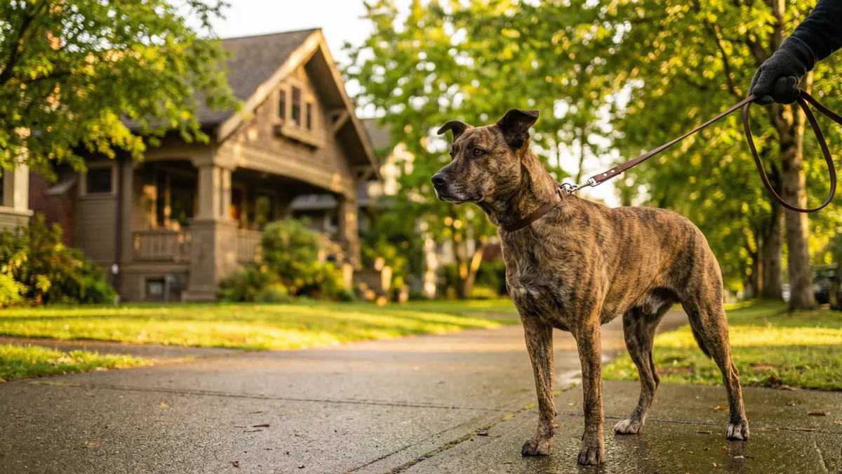 Leashed brindle dog stands alert on a leafy residential street.