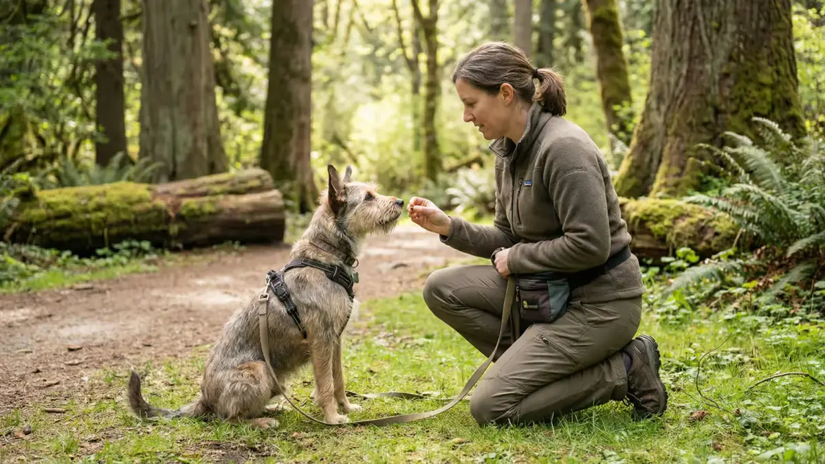 Handler rewards a leashed dog with a treat during calm training on a wooded Vancouver park trail.