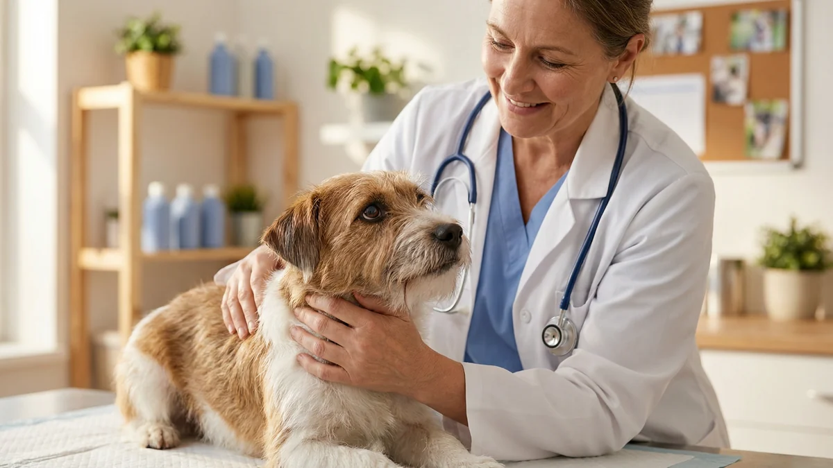 Veterinarian gently examines a small terrier on a clinic table.