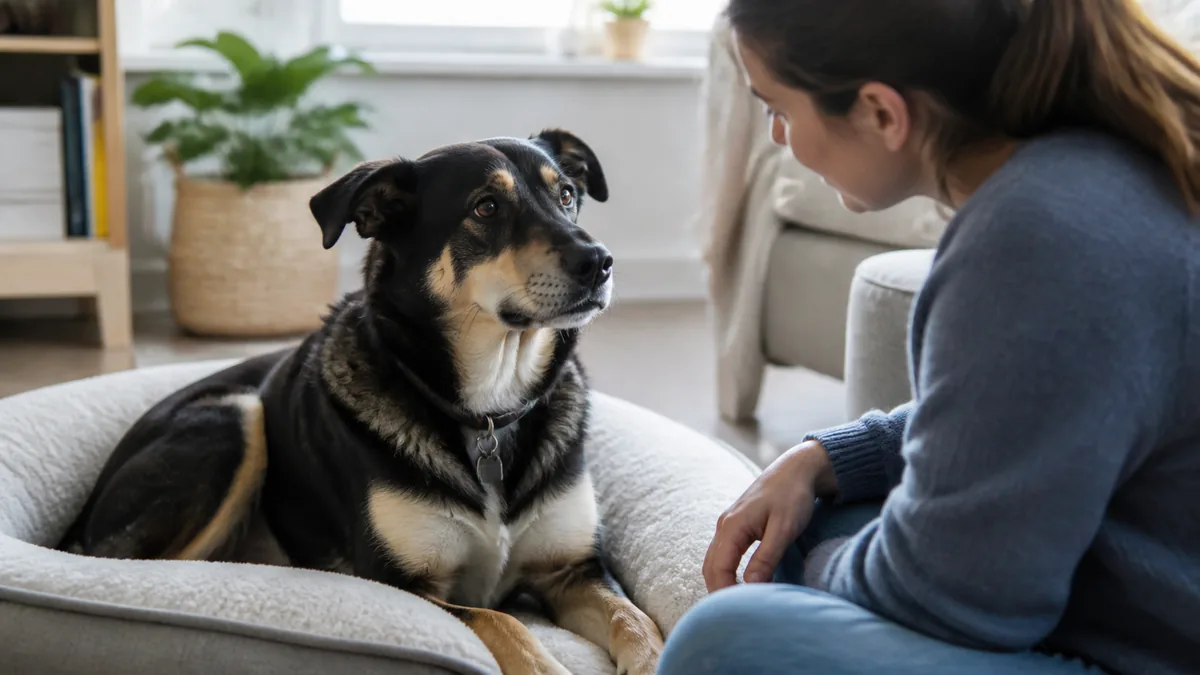 Owner calmly sits beside a rescue dog resting in a cushioned bed.