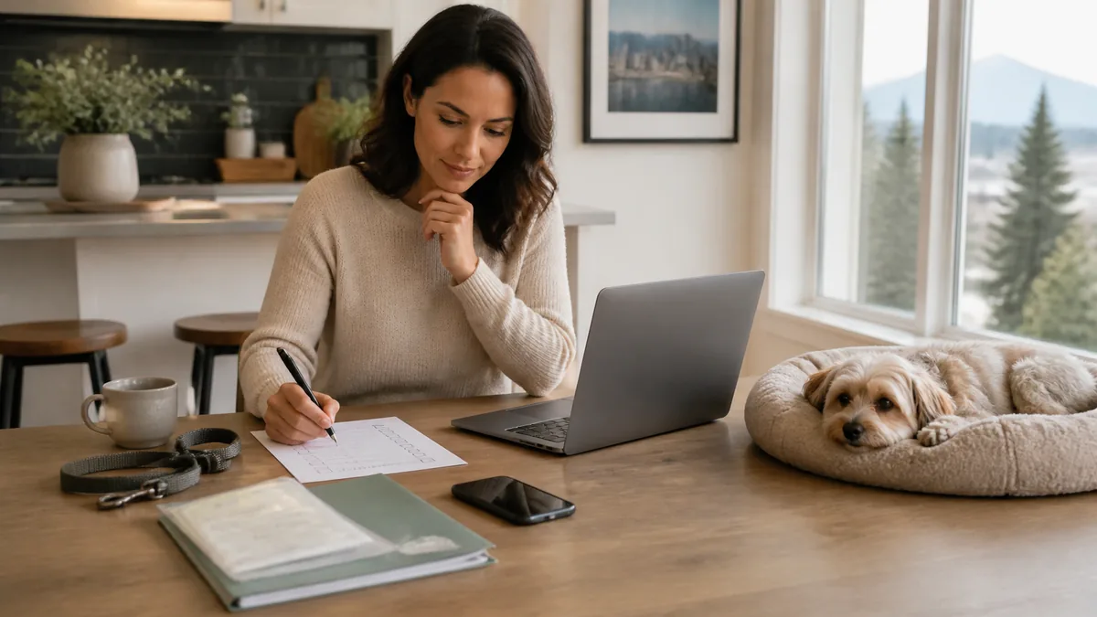 Owner reviews dog boarding options at a laptop while a small dog rests in a bed nearby.
