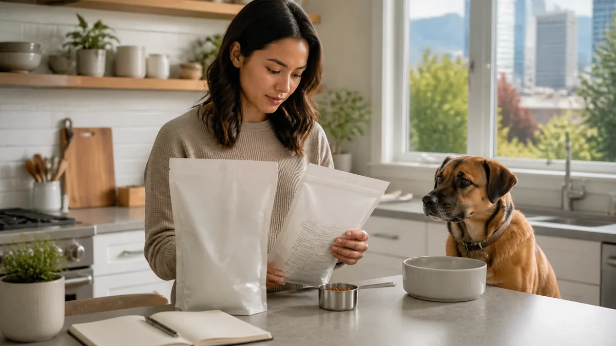 Owner compares dog food labels in a kitchen while a dog waits beside a bowl.