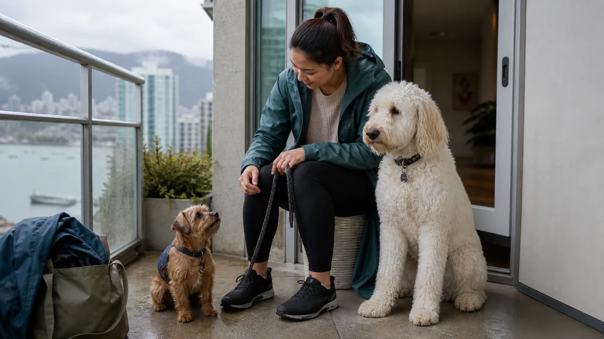 Owner prepares two dogs of different sizes for an outing from a Vancouver apartment.