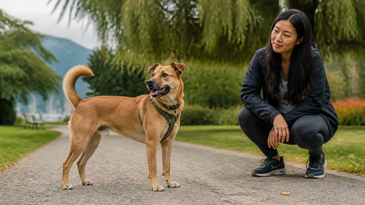 Owner observes an alert dog’s posture and expression beside a park path.