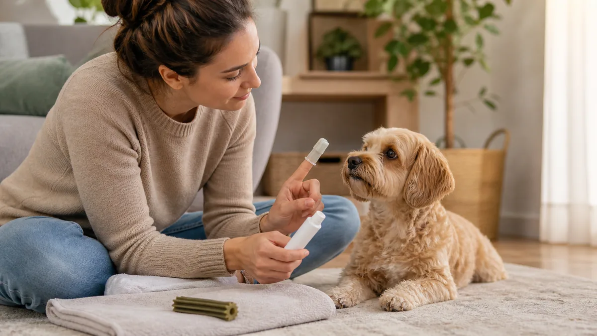 Owner introduces a toothbrush to a small dog during a calm dental-care routine at home.