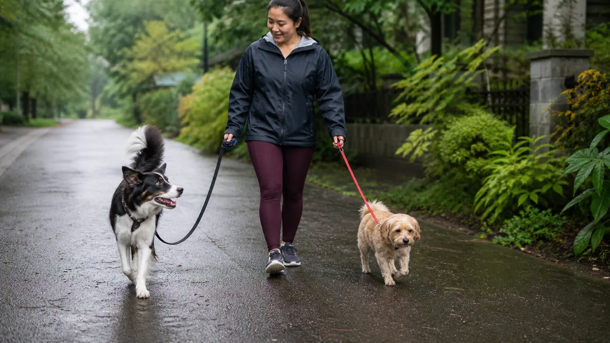 Owner walks two dogs on leashes along a wet, wooded Vancouver path.