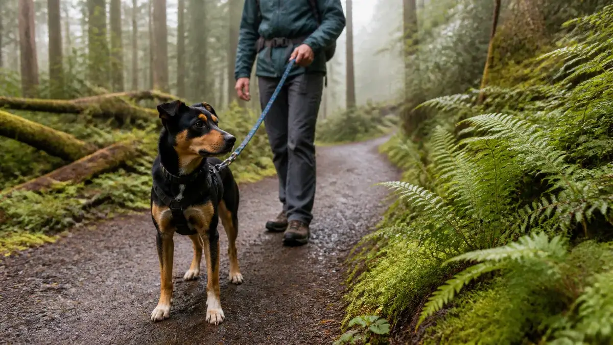 Leashed dog pauses beside its owner on a lush forest hiking trail.