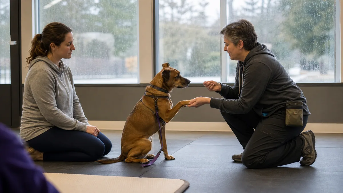 Trainer rewards an attentive dog during an indoor class while its owner watches.