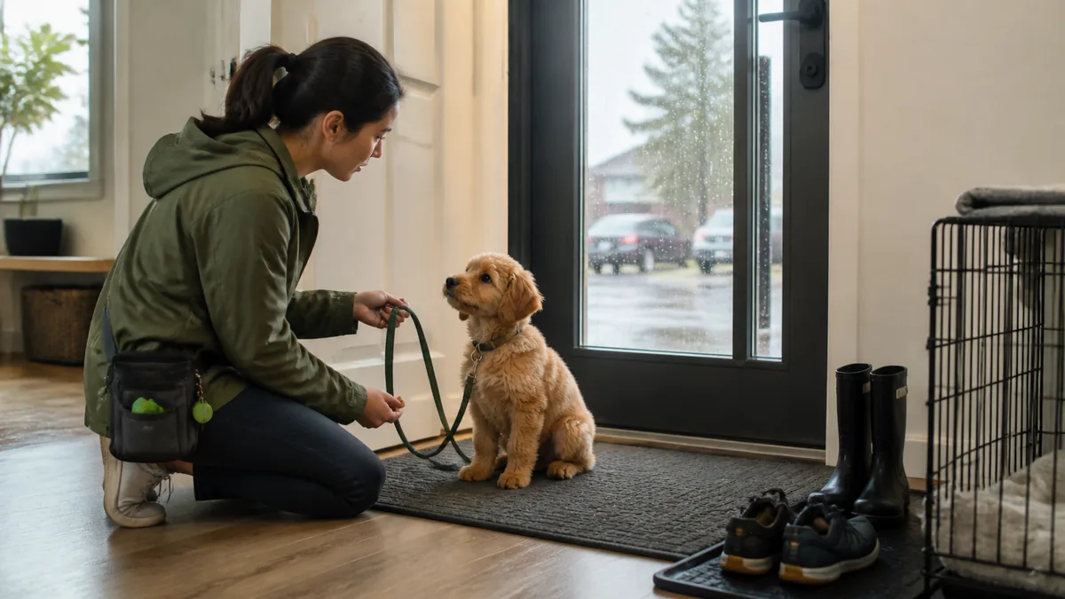 Owner clips a leash onto a puppy near the front door before a toilet break.