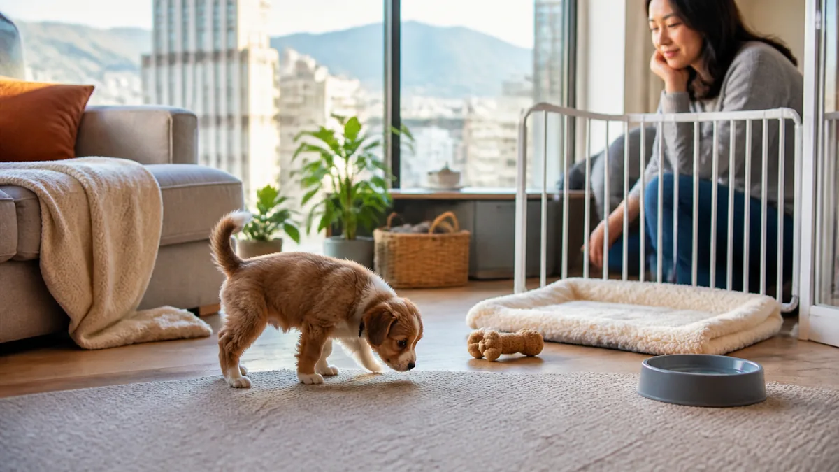 Puppy explores a prepared living room with a safety gate, bed, toy and water bowl.