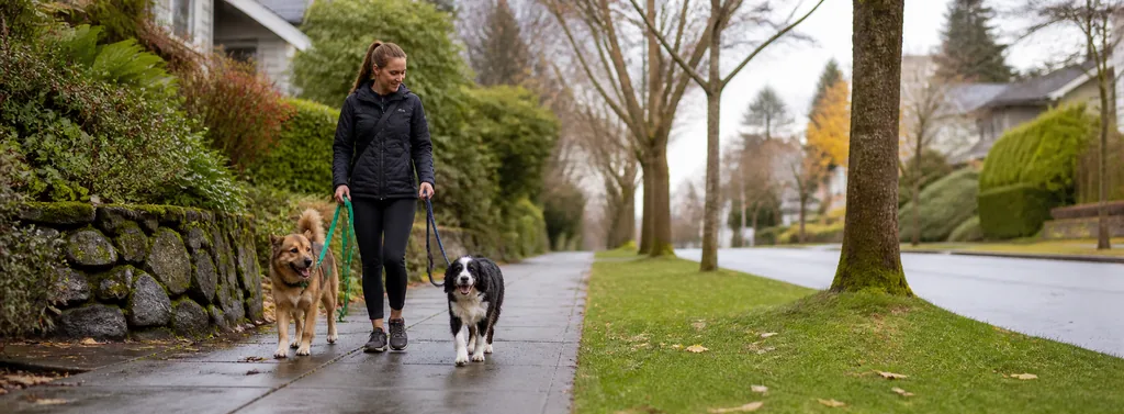 Dog walker walks two dogs on a quiet South Vancouver sidewalk in the Marpole service area.