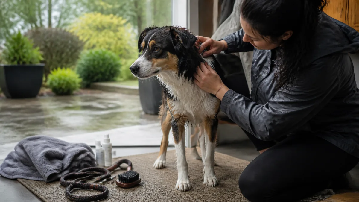 Owner checks a dog’s coat and neck after an outing on a wet patio.