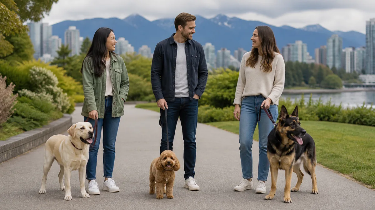Three people stand with different dog breeds beside a Vancouver waterfront path.