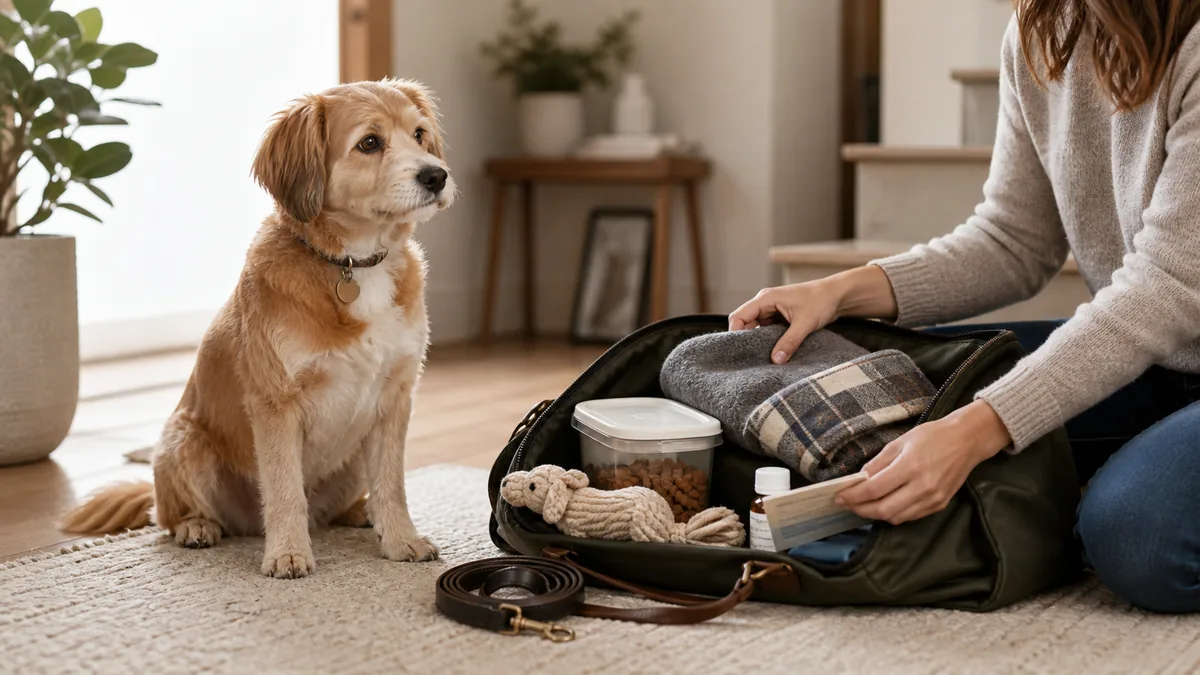 Owner packs food, a blanket and supplies while a dog waits beside an overnight bag.