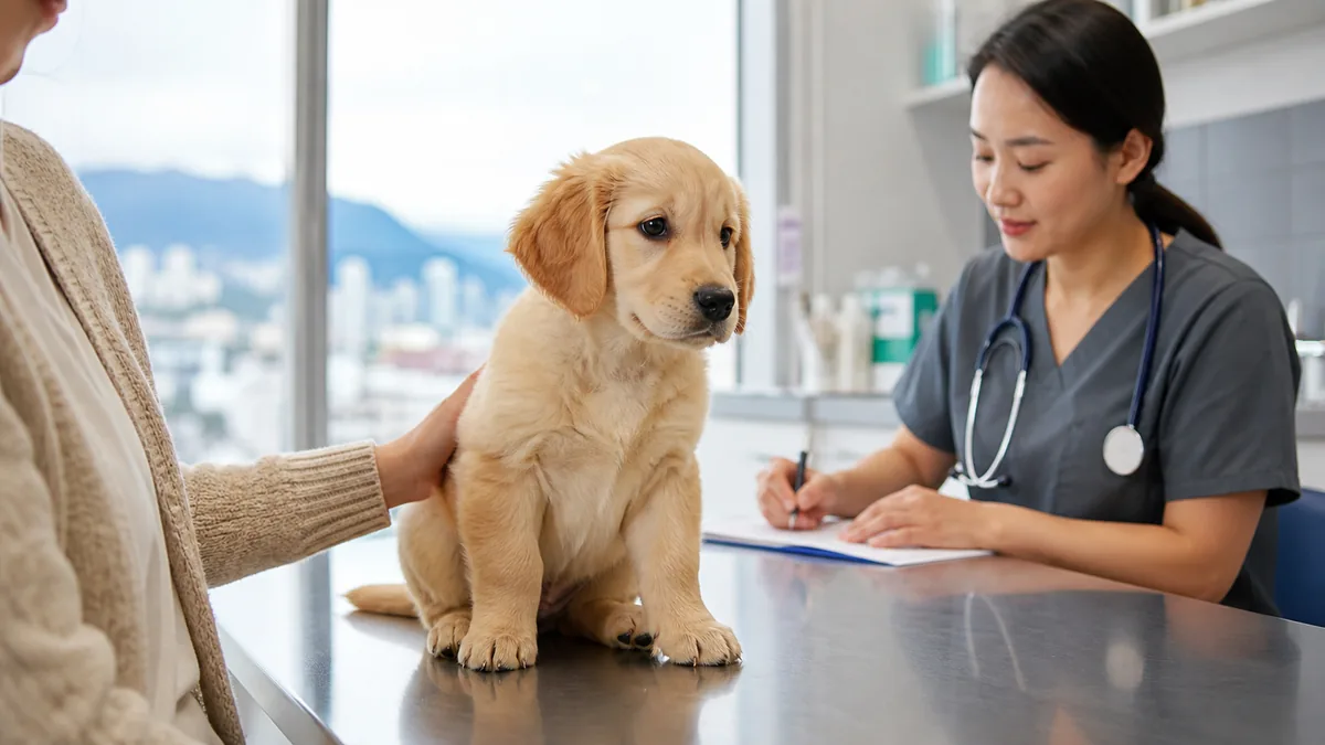 Veterinarian reviews records beside a golden retriever puppy on an exam table.