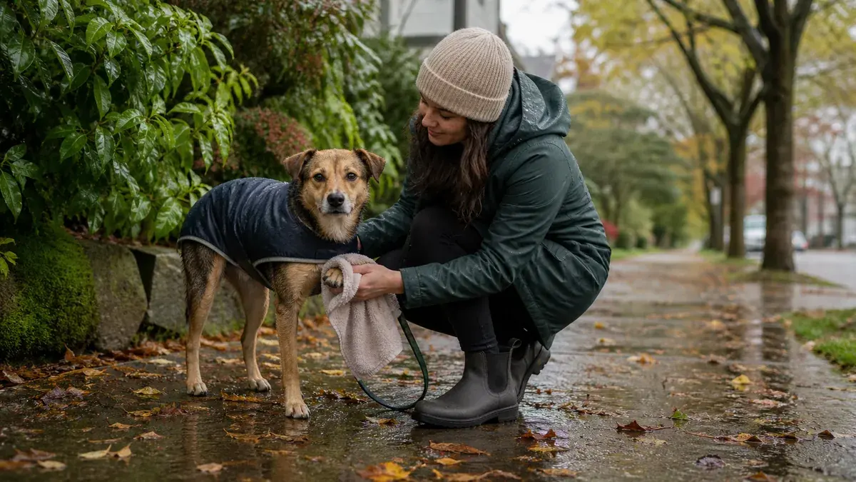 Owner dries a dog wearing a raincoat on a wet, tree-lined Vancouver path.