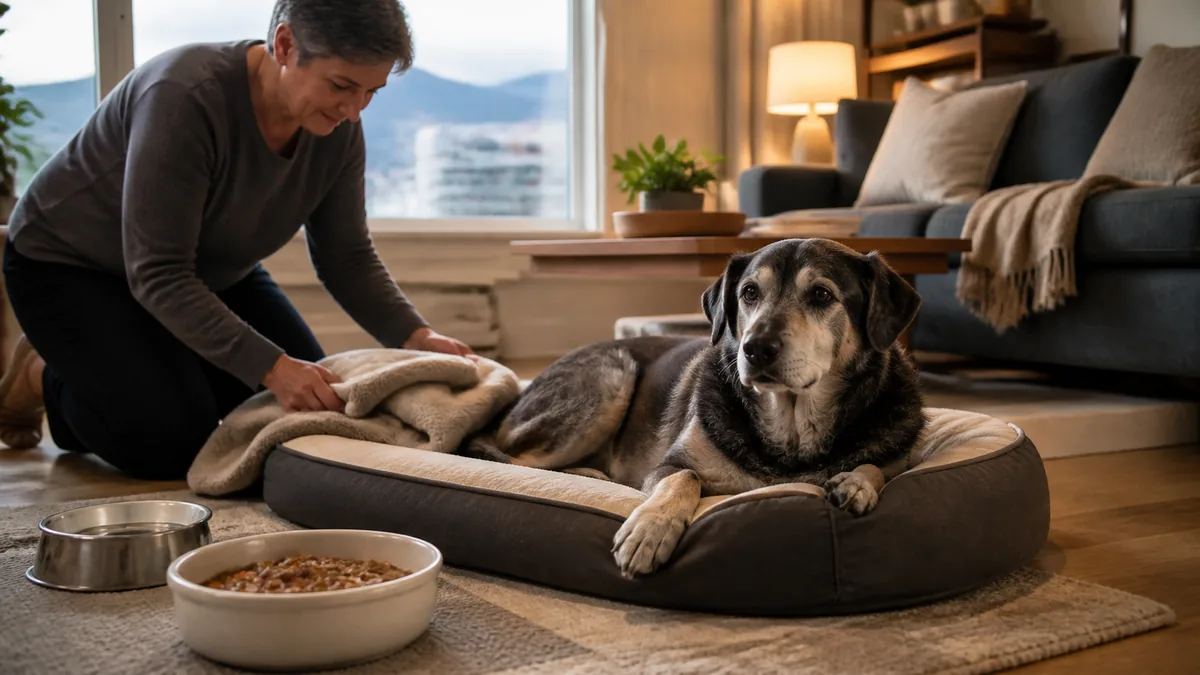 Owner adjusts a blanket for a senior dog resting on a supportive bed beside food and water bowls.
