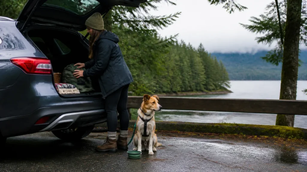 Dog waits beside an open car hatch while an owner packs road-trip essentials near Vancouver.