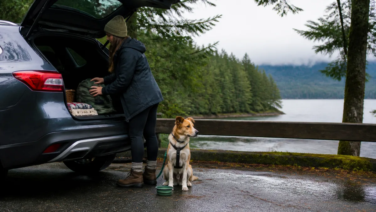 Owner packs a car while a leashed dog waits beside a forested lakeside rest stop.