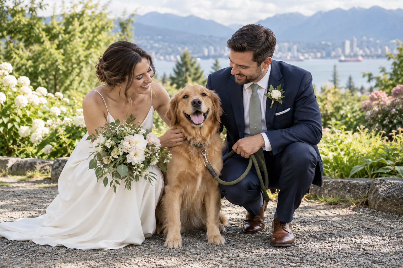 Golden retriever on a loose lead with a bride and groom in a garden.